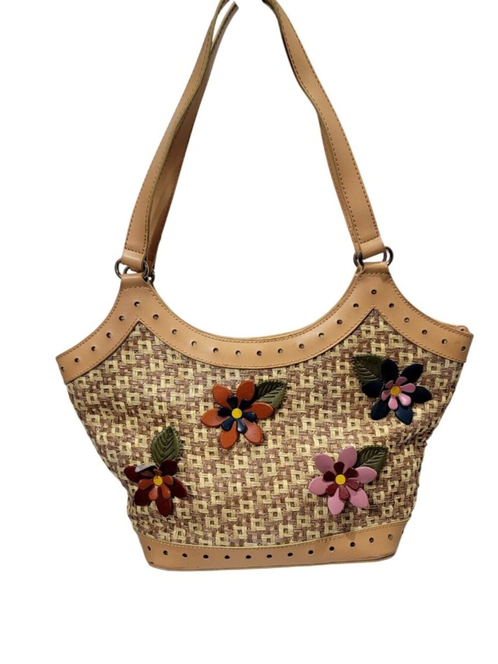 Vintage Floral Woven Tote Bag Faux Leather Trim Footed